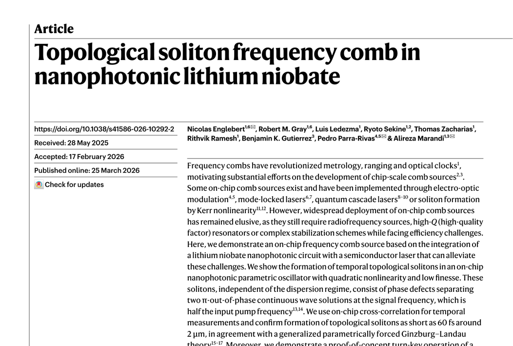 Nature paper first page, topological soliton frequency comb