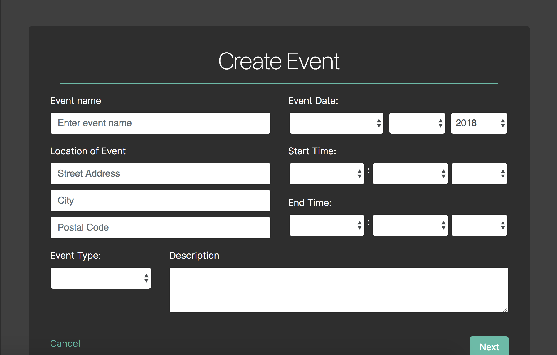 Create event screen